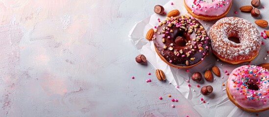 Poster - Close up view of delicious donuts and nuts on a sheet of baking paper with copy space image