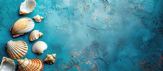 Aufkleber - Abstract top view composition featuring seashells against a textured blue background with copy space image