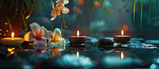 Aufkleber - Dark lit spa scene adorned with exotic flowers providing a copy space image
