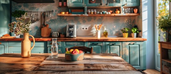 Aufkleber - An Asian kitchen setting with a wooden table as a backdrop for featuring products or designs emphasizing the importance of copy space image