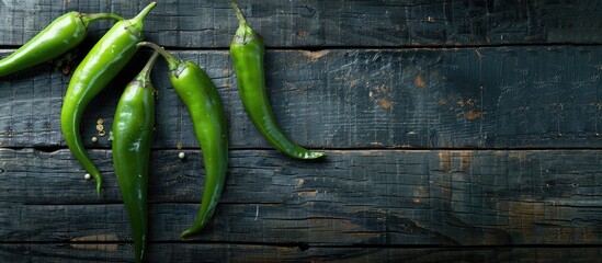 Poster - Close up macro shot of three green chili peppers on a dark wooden surface with copy space image