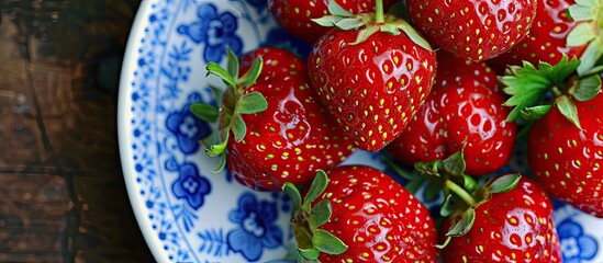 Poster - Close up of ripe strawberries on a plate with available copy space image
