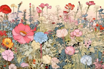 Poster - Ukiyo-e art print style flower garden backgrounds painting pattern.