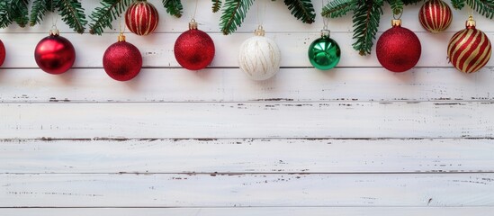 Aufkleber - Christmas ornaments displayed on white wooden backdrop with copy space image for New Year celebrations
