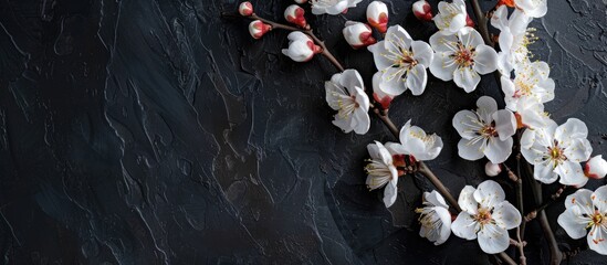 Fototapete - Top view of apricot blossom against black backdrop ideal as a spring banner with copy space image