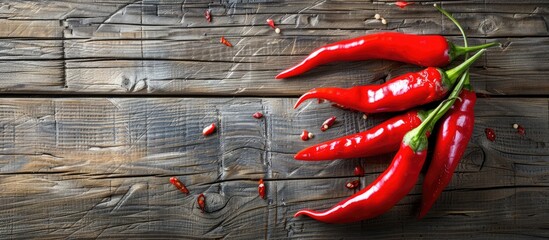 Fototapete - Chili peppers in bright red colors showcased on a rustic wooden surface with an Instagram ready appearance ideal for a copy space image