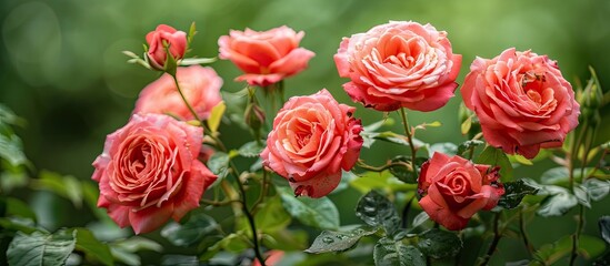 Poster - Blooming garden roses with a spotted red bud set against a green foliage background providing a visually appealing copy space image