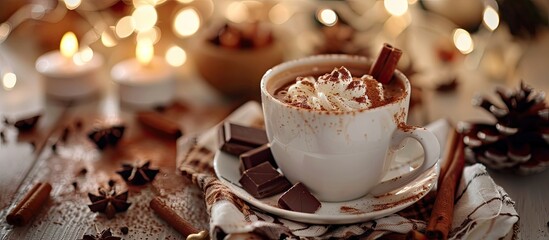 Aufkleber - A cozy kitchen table setting with a steaming cup of hot chocolate embellished with cream chocolate pieces cinnamon and brown sugar ready for a copy space image