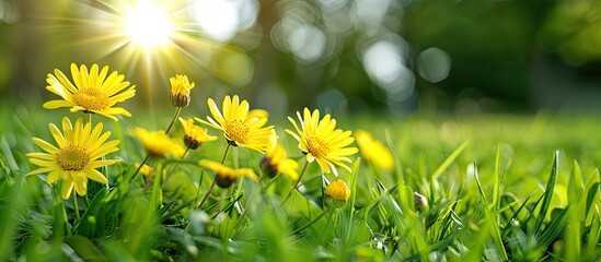 Aufkleber - Bright yellow daisies blooming in the grass on a sunny summer day with a natural setting ideal for a copy space image