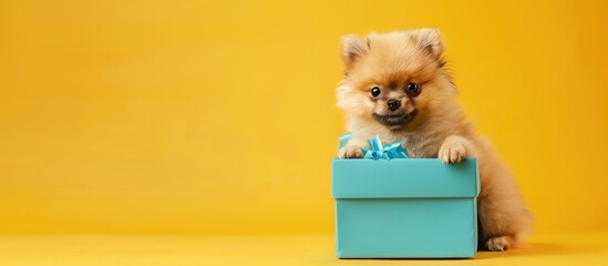 Poster - A charming Pomeranian puppy portrait gleefully seated in a blue gift box on a stylish yellow backdrop providing room for text through a copy space image