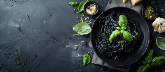 Aufkleber - Top view of black pasta spaghetti with squid ink pesto basil and cheese in a bowl on a dark backdrop with copy space image