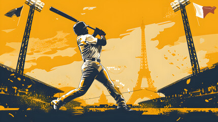 Baseball/Softball: An illustration of a batter mid-swing with the French flag waving in the stands and the Eiffel Tower in the background on a yellow background.


