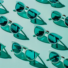 a bunch of turquoise sunglasses that are in a row