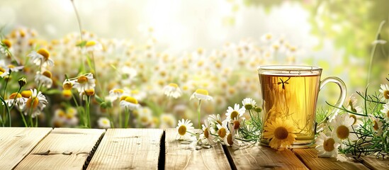 Poster - Chamomile tea displayed on a clean wooden table with available picture space. Creative banner. Copyspace image