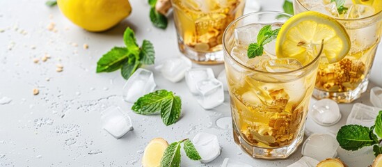 Wall Mural - Closeup of delicious ginger ale in glasses with ice cubes and ingredients on a white marble table featuring copy space image