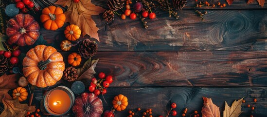 Fototapete - Celebrate Thanksgiving with a charming autumn themed composition including pumpkins flowers berries leaves a candle on a wooden table creating a rustic flat lay design for a seasonal greeting card wi