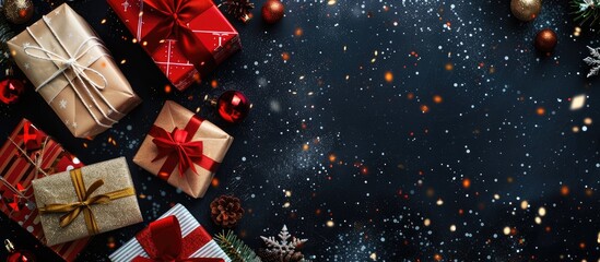Poster - A background banner featuring a box filled with beautifully wrapped Christmas gifts with available space for text. Creative banner. Copyspace image