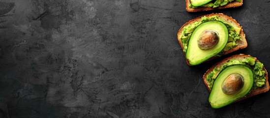 Poster - Avocado toast presented on a black textured background with space for additional visuals