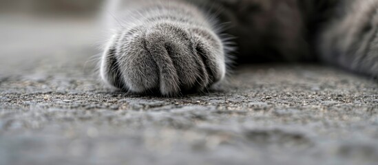 Poster - Close up image showing a gray cat s paw on a cement floor with copy space