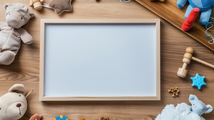 a blank frame surrounded by childrens toys creating a playful ba