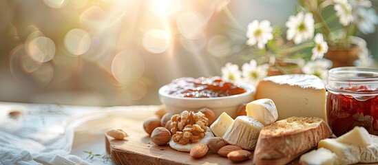 Sticker - A cheese board displaying jam nuts bread slices and a flower with lovely natural light set against a copy space image