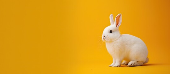 Poster - A charming fluffy white rabbit stands alone against a yellow backdrop embodying the essence of Easter with delightful pet like qualities in a copy space image