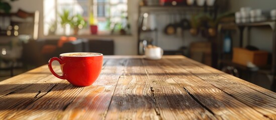 Aufkleber - Coffee themed mockup featuring a red cup on a wooden desk with space for branding logo. Creative banner. Copyspace image