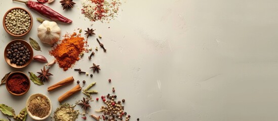 Poster - Copy space image displaying Eastern cuisine spices arranged in a flat lay concept for cooking