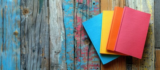 Poster - Colorful notepads placed on a wooden plank board with available copy space image