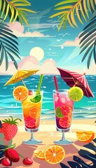 Aufkleber - Two colorful cocktails, garnished with fruit and umbrellas, sit on a beach with an ocean backdrop and palm trees overhead. Generative AI