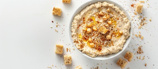 Aufkleber - Top down view of a bowl of hummus surrounded by crispbread crumbs spices and a white background perfect for a copy space image