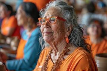 Canvas Print - Serene Senior Woman Embracing Creativity in Pottery Class for Mental Health, Wearing Vibrant Indian Orange Robe