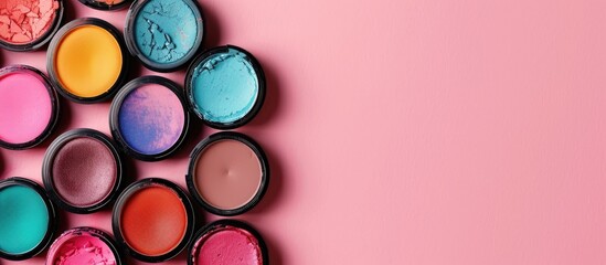 Poster - Colorful makeup shades displayed on a pink table in a top view flat lay setup with available copy space image