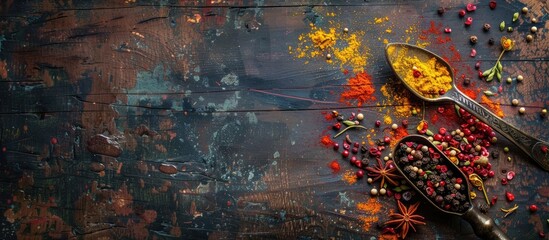 Poster - Colorful spices in an iron spoon set on an aged wooden table with a blank space for text alongside a copy space image