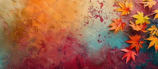 Fototapete - Autumn themed colors with red and yellow leaves against a colorful backdrop perfect for a copy space image