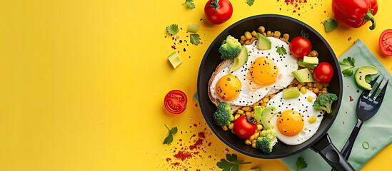 Poster - Top down view of a nutritious breakfast cooked in a pan featuring eggs tomatoes corn and vegetables alongside avocado toast on a bright background with space for text or images. Creative banner