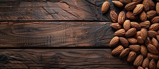 Aufkleber - Almonds beautifully arranged on a rustic wooden background with ample copy space image