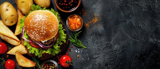 Poster - A delicious homemade burger paired with potato wedges and fresh vegetables perfect for summer barbecues restaurant menus or food blogs Ideal for American cuisine enthusiasts the image includes copy s