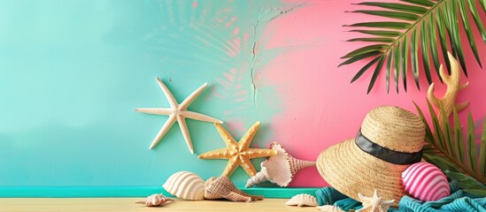 Aufkleber - Create a summer vacation vibe with beach items juxtaposed against a colorful wall providing a blank canvas for a design in the copy space image