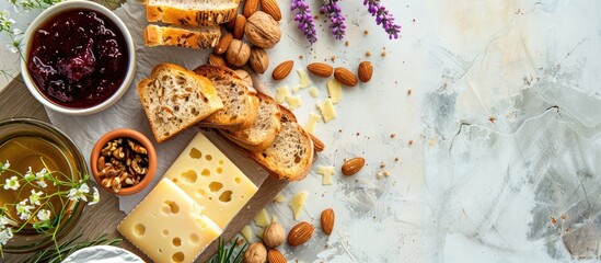 Aufkleber - A cheese board displaying jam nuts bread slices and a flower with lovely natural light set against a copy space image