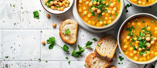 Aufkleber - Flat lay image featuring delicious chickpea soup in bowls with bread and parsley on a white tiled table offering space for text. Creative banner. Copyspace image