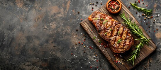 Poster - Top view of a beef steak with herbs and spices on a cutting board against a stone background with copy space image