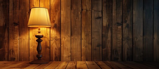Aufkleber - A cozy lamp decorates a wooden wall in a warm toned room creating a lovely copy space image