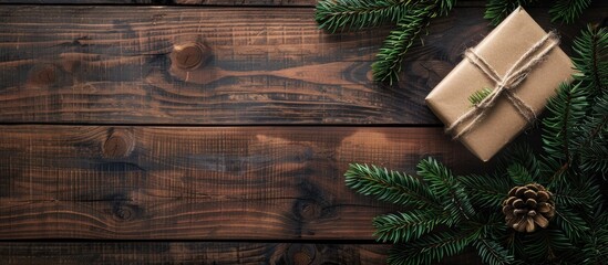 Aufkleber - A Christmas gift box sits beside a pine branch on a wooden table in a top down view leaving room for additional elements in the image