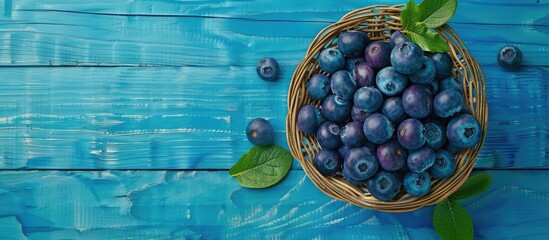 Poster - Blueberries in a wicker bowl on a blue wooden table in a flat lay shot Background concept with a copy space image for healthy nutrition and vitamins