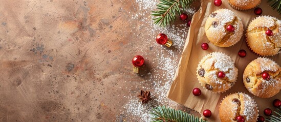 Aufkleber - Top down view of a paper with Christmas greetings muffins snow and a Christmas tree featuring copy space image