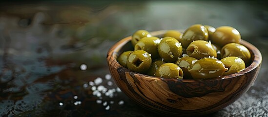 Aufkleber - A dark background beautifully showcases a wooden bowl of green olives drizzled with olive oil and sprinkled with salt perfect for copy space image