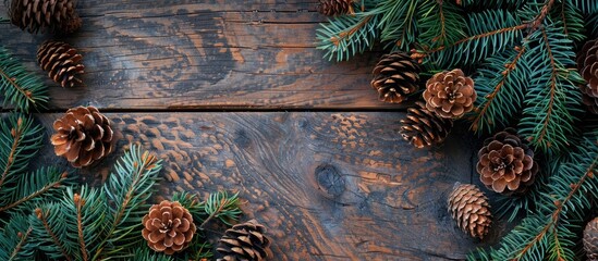 Aufkleber - Top view of a composition with pine cones and spruce branches on a wooden backdrop ideal for a copy space image