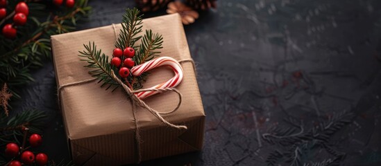 Poster - Christmas holiday concept with a brown gift box adorned with a ribbon candy canes heart fir tree garland with red berries and a copy space image