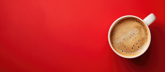 Poster - Flat lay of coffee cup with frothy foam on red backdrop featuring copy space image